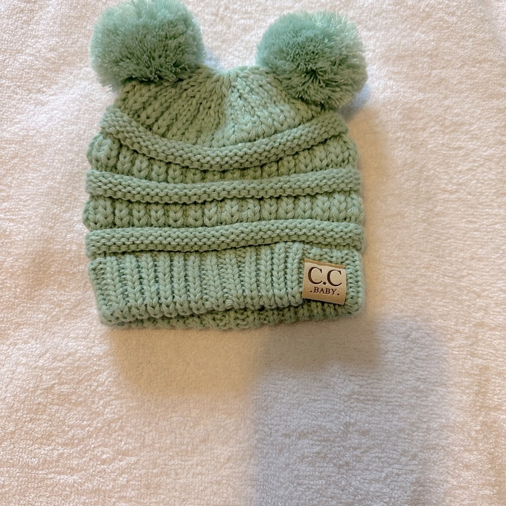 C.C. Baby beanie with pom poms mint green very good condition
